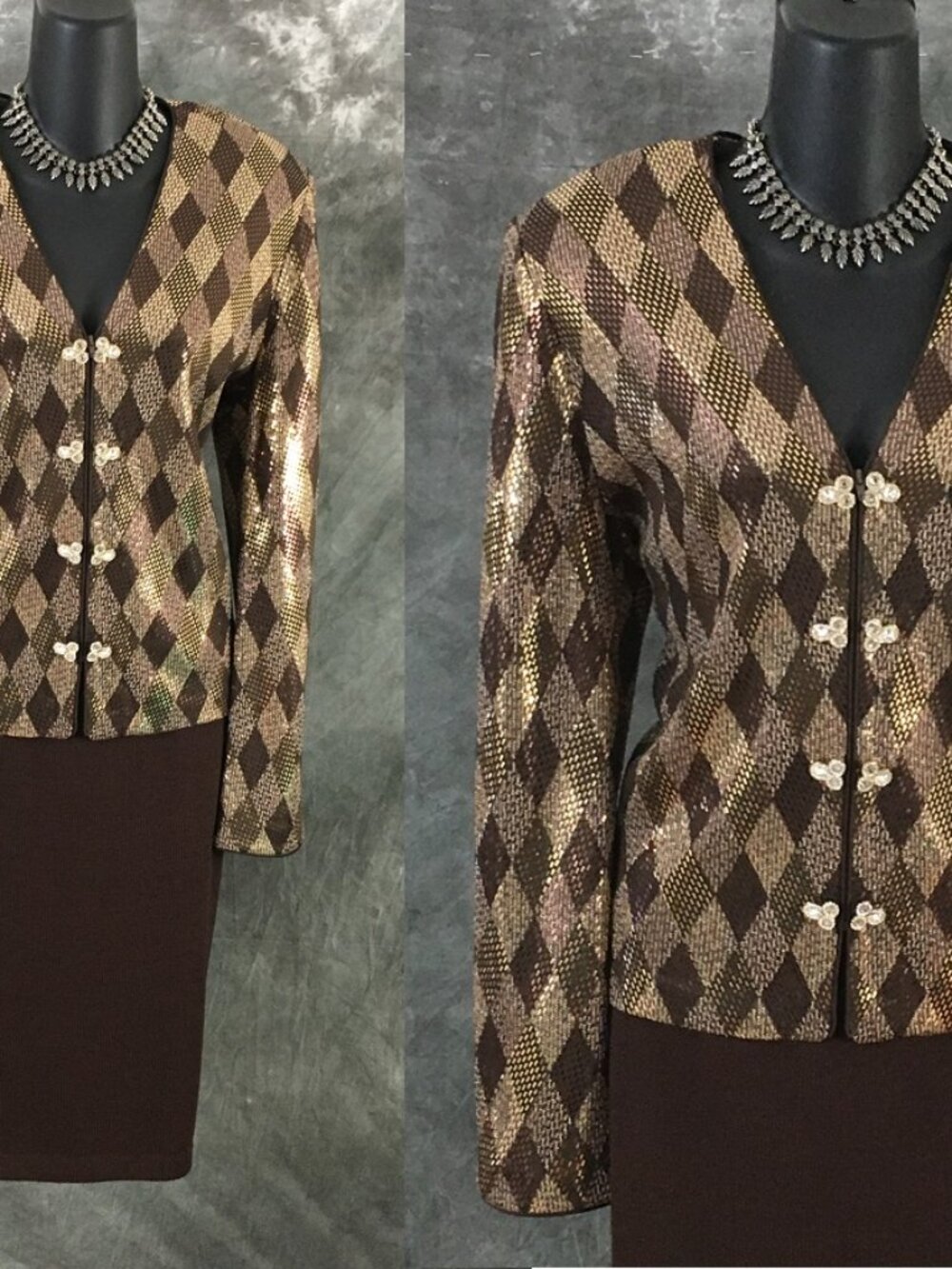 BEAUTIFUL St John knit Brown multi rhinestones embellished skirt suit Size 12 - Picture 2 of 10